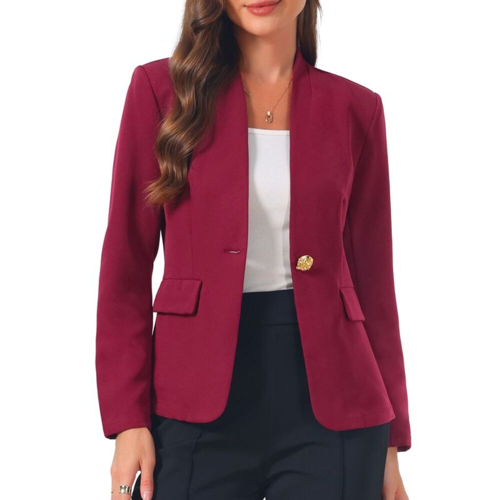 Women Work Office Long Sleeve Collarless Blazers Suit Jackets Wine Red